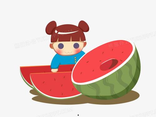 小猫吃瓜绘画素材,趣味绘画展现夏日清凉